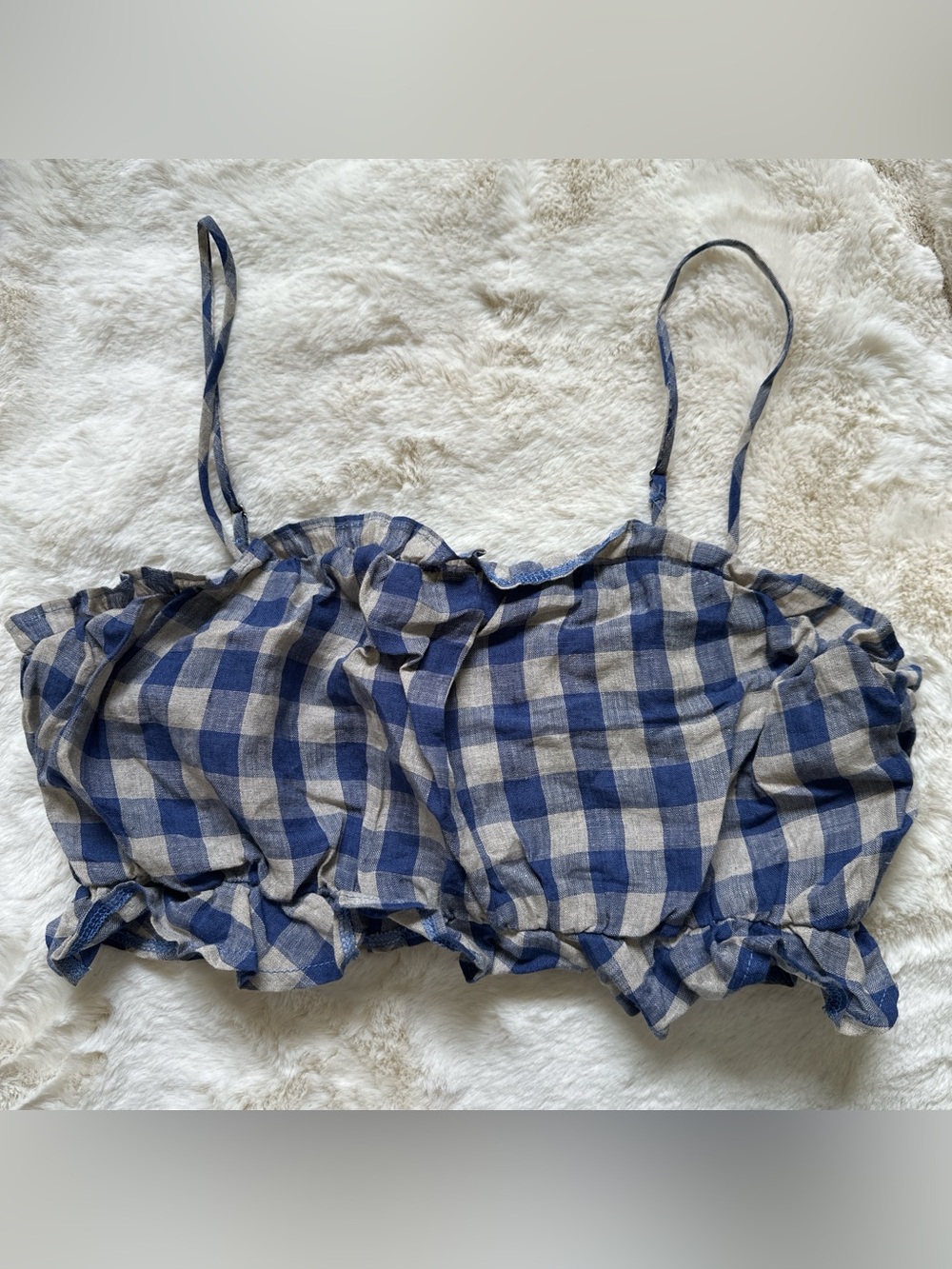 Olivaceous Blue and Cream Gingham Ruffle Cami